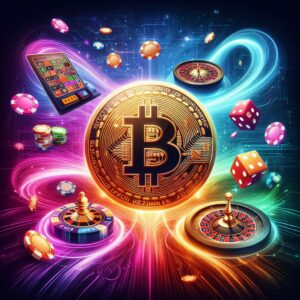  A futuristic digital illustration of a Bitcoin symbol in the center, surrounded by various casino elements such as chips, dice, roulette wheels, and slot machines. 
